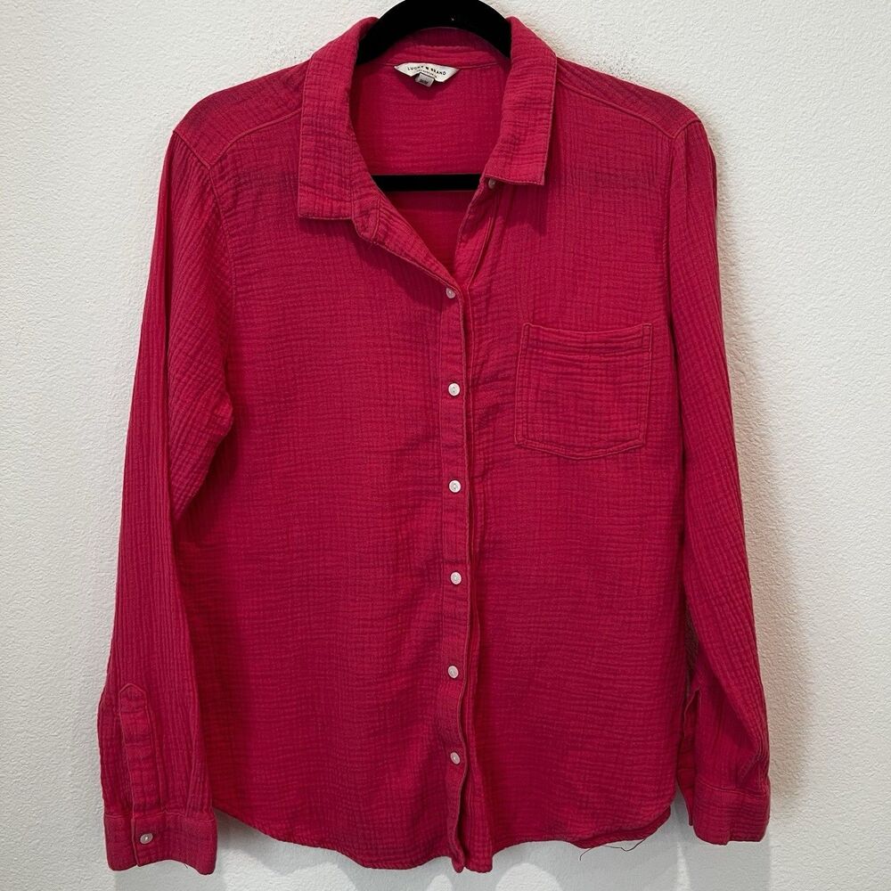LUCKY BRAND Shirt Sz M Pink Button Up Gauzy Long Sleeve Slit Back Boho Beach